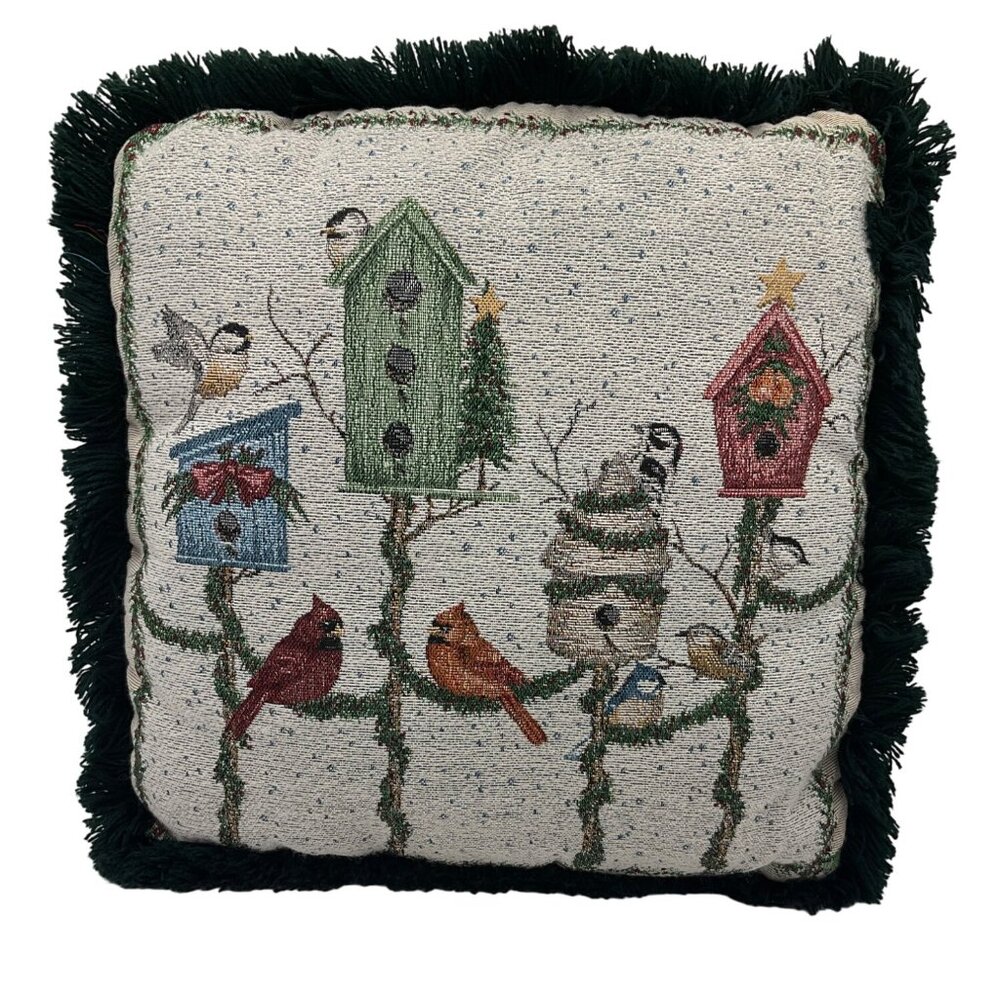 Vintage Tapestry Cardinal Birds Birdhouse Throw Pillow Fringe Edge Traditional